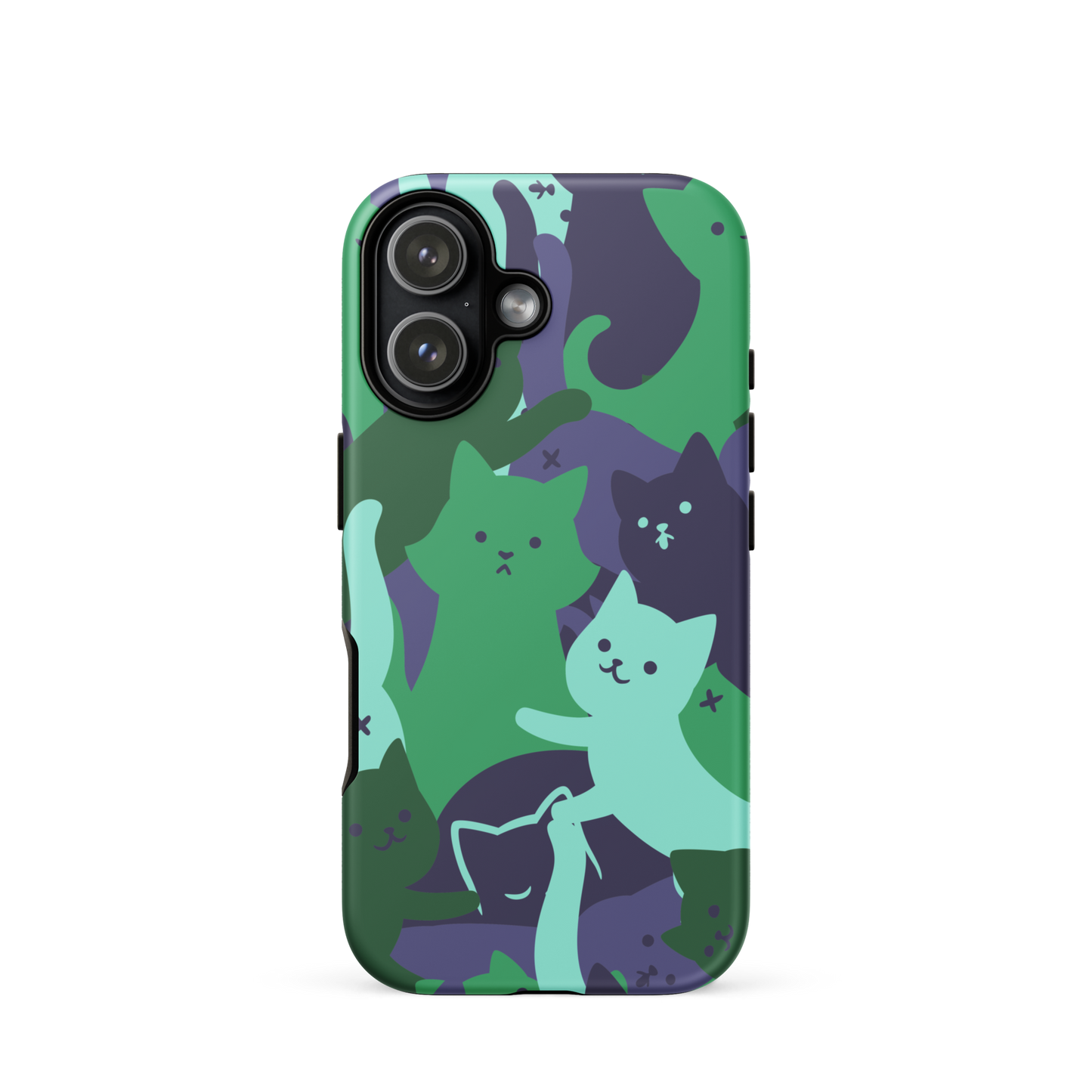 A playful pattern featuring multiple kittens in shades of green and blue, arranged to create a soft camouflage effect. This design blends cute cats with a modern pattern aesthetic, perfect for fans of fun, stylish, and whimsical art.