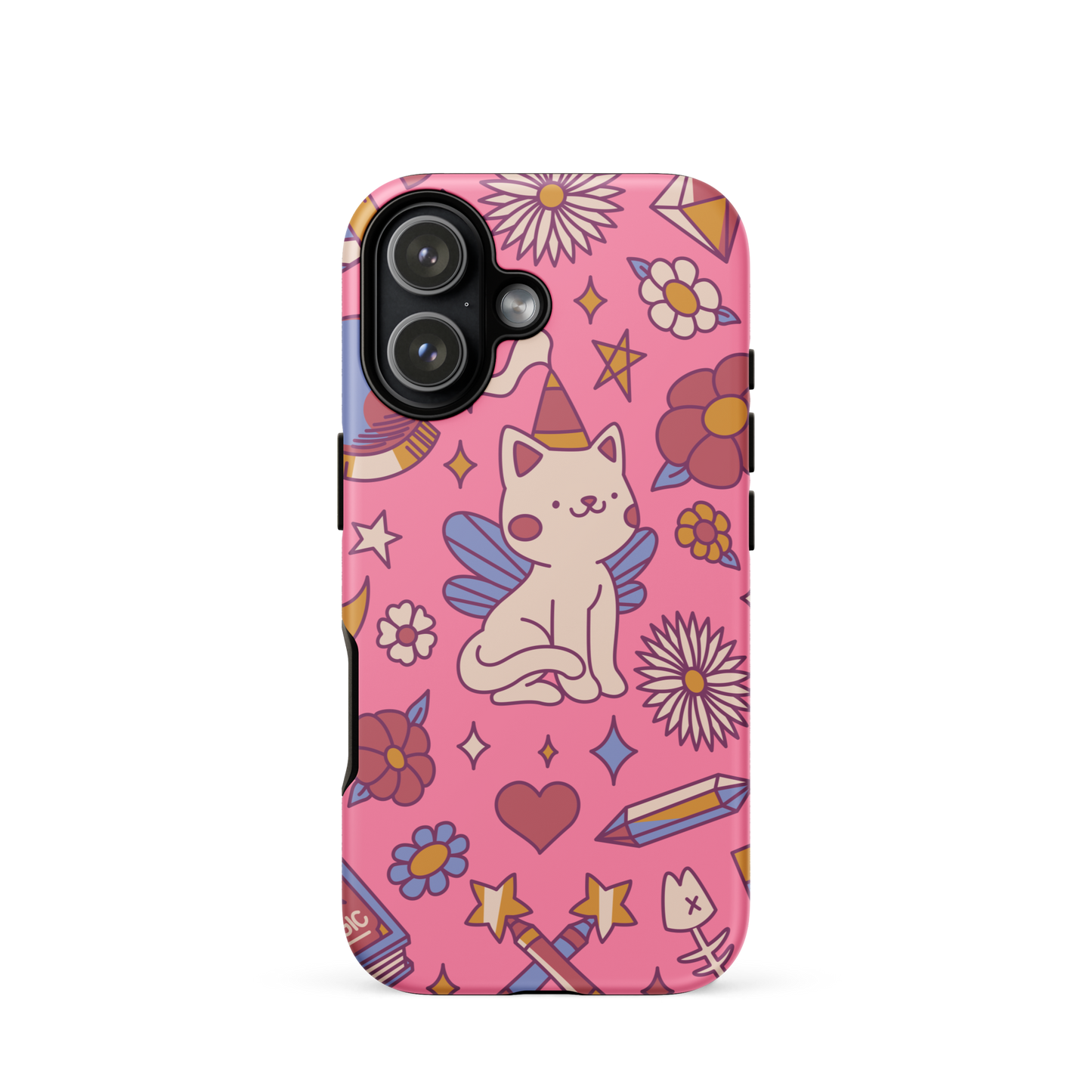 A seamless pattern featuring a magical winged kitten surrounded by crystals, flowers, tarot cards, mushrooms and other mystical elements in soft pastel tones. A playful and whimsical design with a cute, magical vibe.
