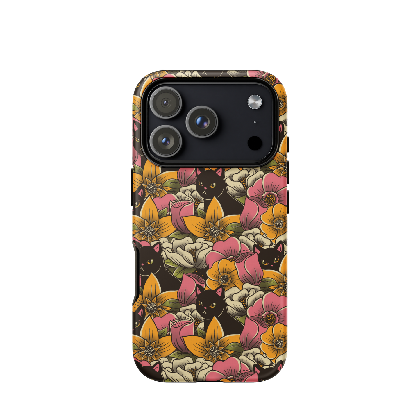 The image features a repeating pattern of colorful flowers in pink, yellow, and cream hues with lush green foliage. Interspersed among the flowers are playful black cats with bright eyes. The design has a whimsical and vibrant feel, ideal for various products like t-shirts, stickers, coffee cups, and skateboards. The style is reminiscent of traditional floral art blended with playful elements of animal decor.