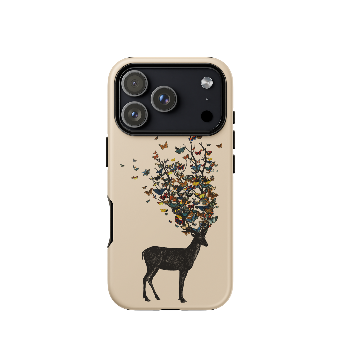 The image depicts a dark, silhouetted deer standing on a neutral background. Instead of branches, its antlers transform into a swirling cloud of vibrant, colorful butterflies that extend upwards and outward. The mix of organic and ethereal elements creates a captivating and whimsical visual contrast.