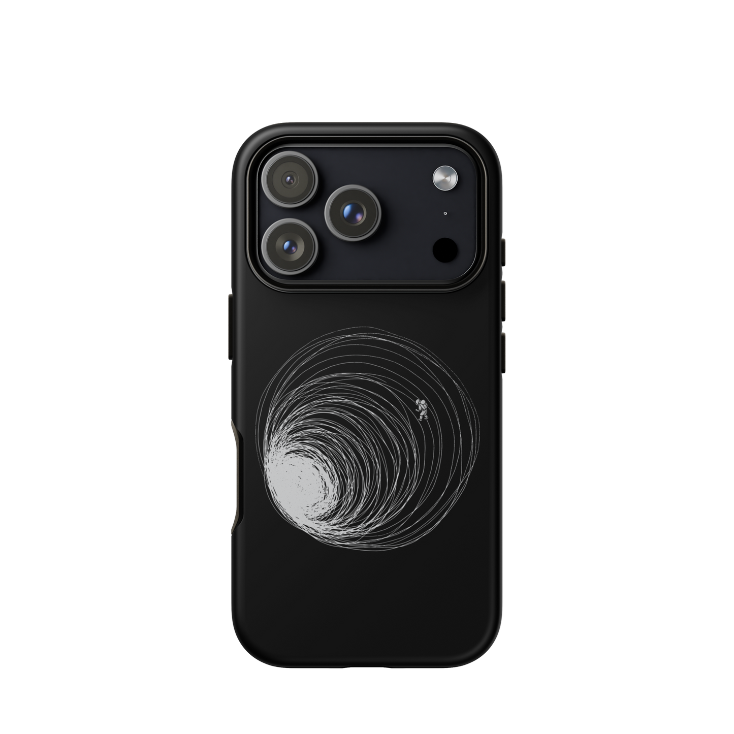 A big black hole with an astronaut floating around as if being sucked into it. A minimalist art perfect for those who love space.