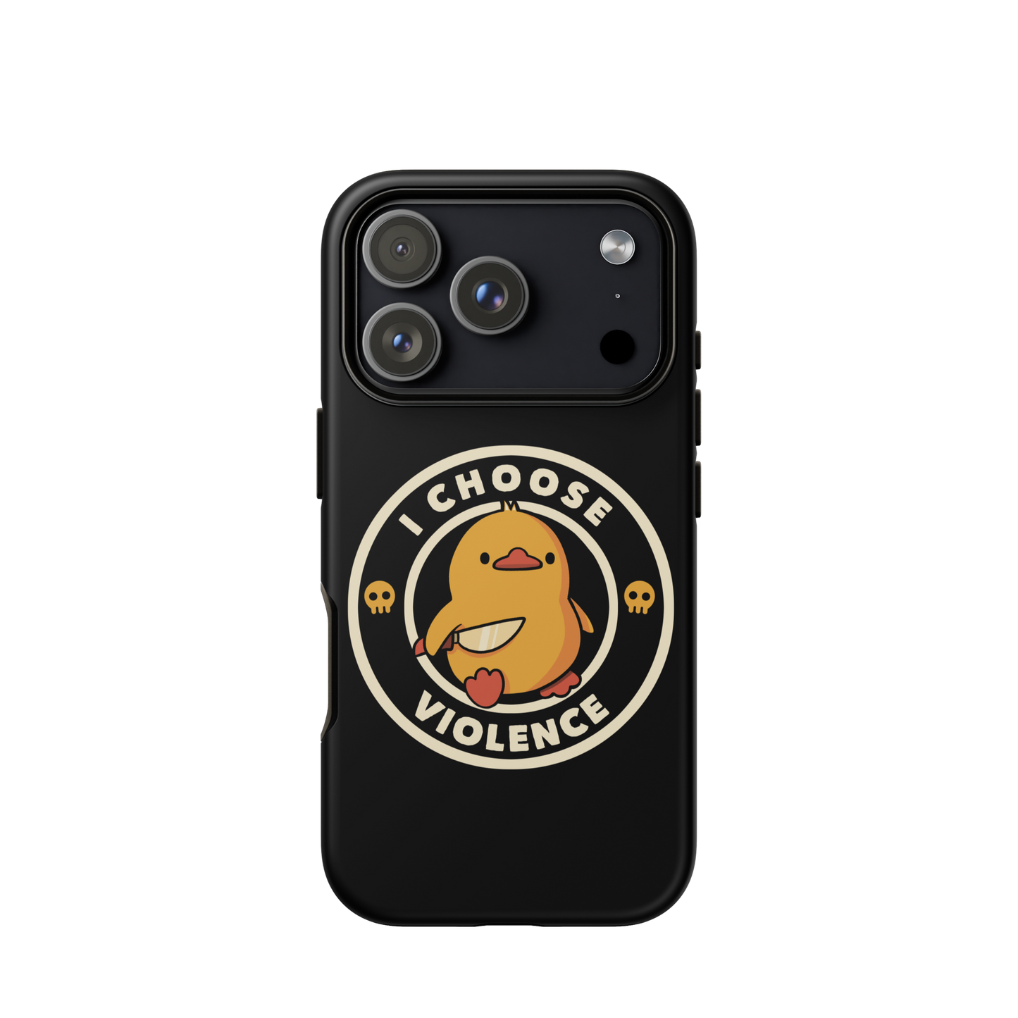 A cute, cartoon-style yellow duckling stands confidently holding a large knife in its wing. The duckling is encircled by text saying 'I CHOOSE VIOLENCE' in bold white letters. Small skull symbols flank the chick on either side, adding a touch of humor and irony to the otherwise adorable drawing.