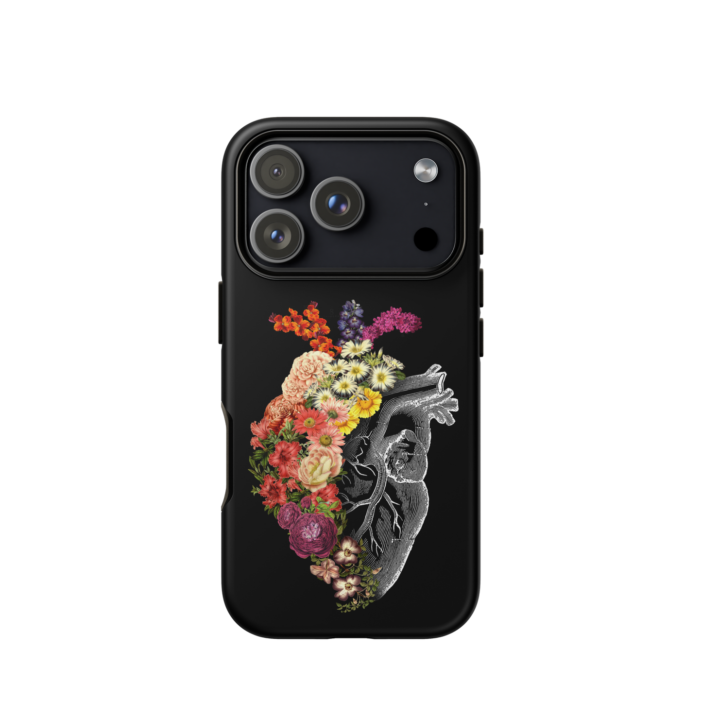 The design is an intricate and anatomical drawing of a human heart on a black background. The left side of the heart morphs into a vibrant assortment of colorful flowers, including roses, daisies, and other blooming blossoms, creating a striking contrast between the realistic and the surreal, symbolizing the harmony between nature and humanity.