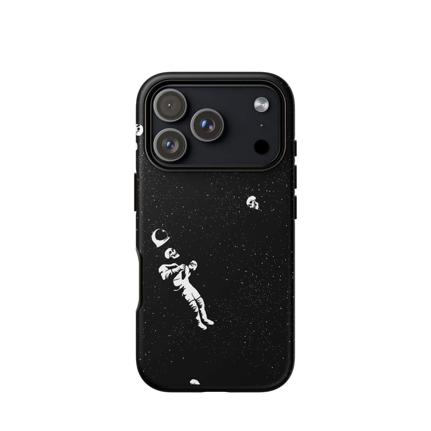 This image features a white astronaut figures floating in a dark, starry space background. The astronaut is surrounded by small celestial bodies and crescent moons, giving a sense of drifting through the cosmos. The design is intricate and has a whimsical, dreamy quality, with a vintage-inspired look, evoking a sense of exploration and wonder.