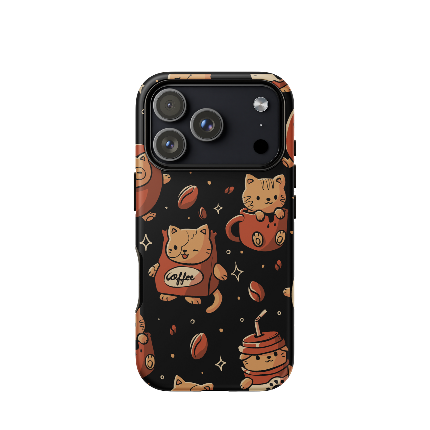 A pattern featuring several cute kittens appears in different coffee-themed versions: inside cups, as coffee beans, and on playful packaging. This artwork combines a love for cats and coffee in a charming and humorous composition. Perfect for cat lovers, coffee lovers, baristas, and anyone who enjoys cute and cozy designs.