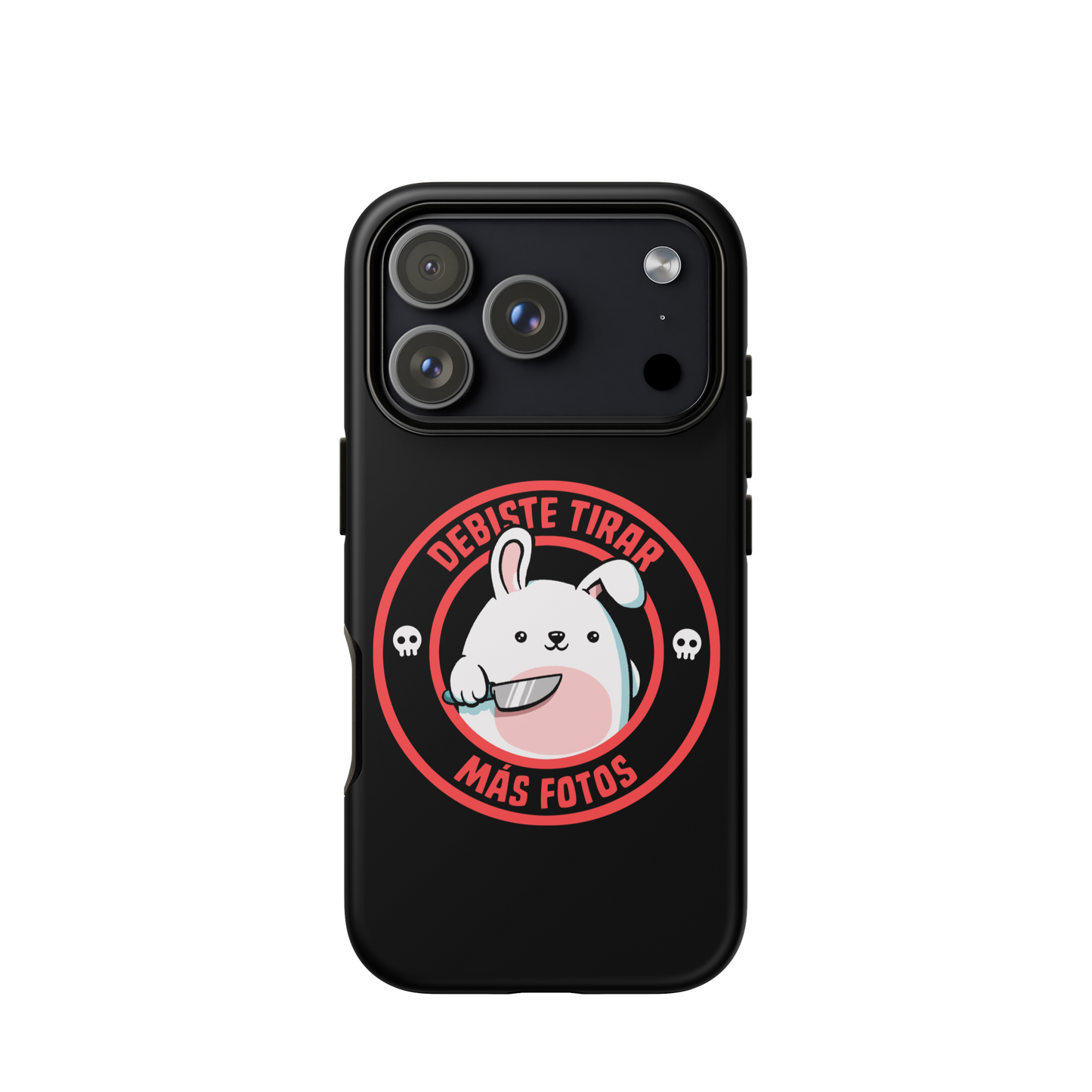 A cute white cartoon bunny with a pink belly stands holding a large kitchen knife in one paw. Surrounding the bunny is a red circular border with the words 'DEBISTE TIRAR MÁS FOTOS'. Small skull icons are on either side of the circle. The overall tone is a mix of adorable and ironic humor.