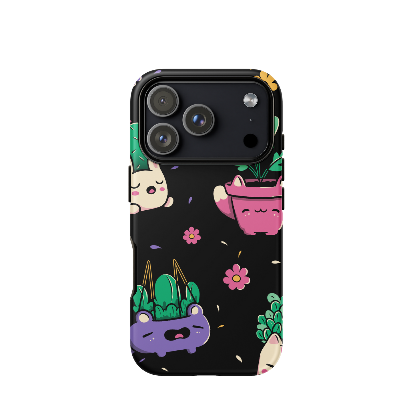 An endearing pattern featuring petite potted plants creatively shaped like adorable animals, arranged in a charming repeating composition. This enchanting design is perfect for plant enthusiasts who adore greenery and love surrounding themselves with whimsical, nature-inspired details.