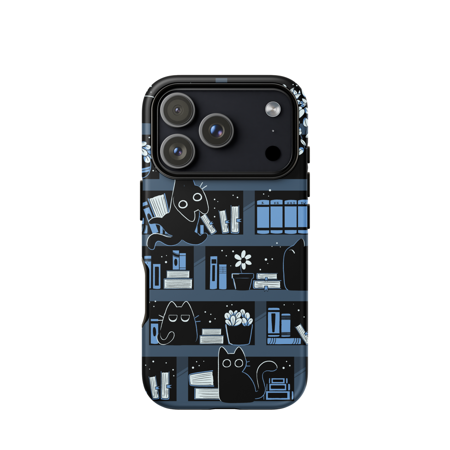 A pattern designed to resemble one large bookshelf filled with books, plants and playful little black kittens tucked between the shelves. An artwork in shades of black and blue, perfect for those who love cats, books and plants.