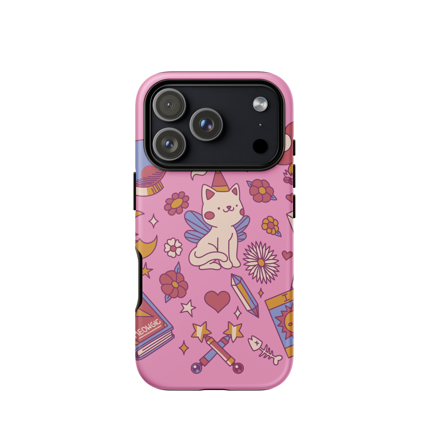 The artwork depicts a magical kitten with wings and a little hat, surrounded by crystals, flowers, tarot cards, mushrooms, and mystical elements in pastel shades. The design blends cute fantasy with colorful witchy aesthetics, creating an enchanting, lighthearted composition full of fun details. Perfect for lovers of cute mysticism, tarot, magical cats, and anyone who enjoys colorful prints with a magical vibe.