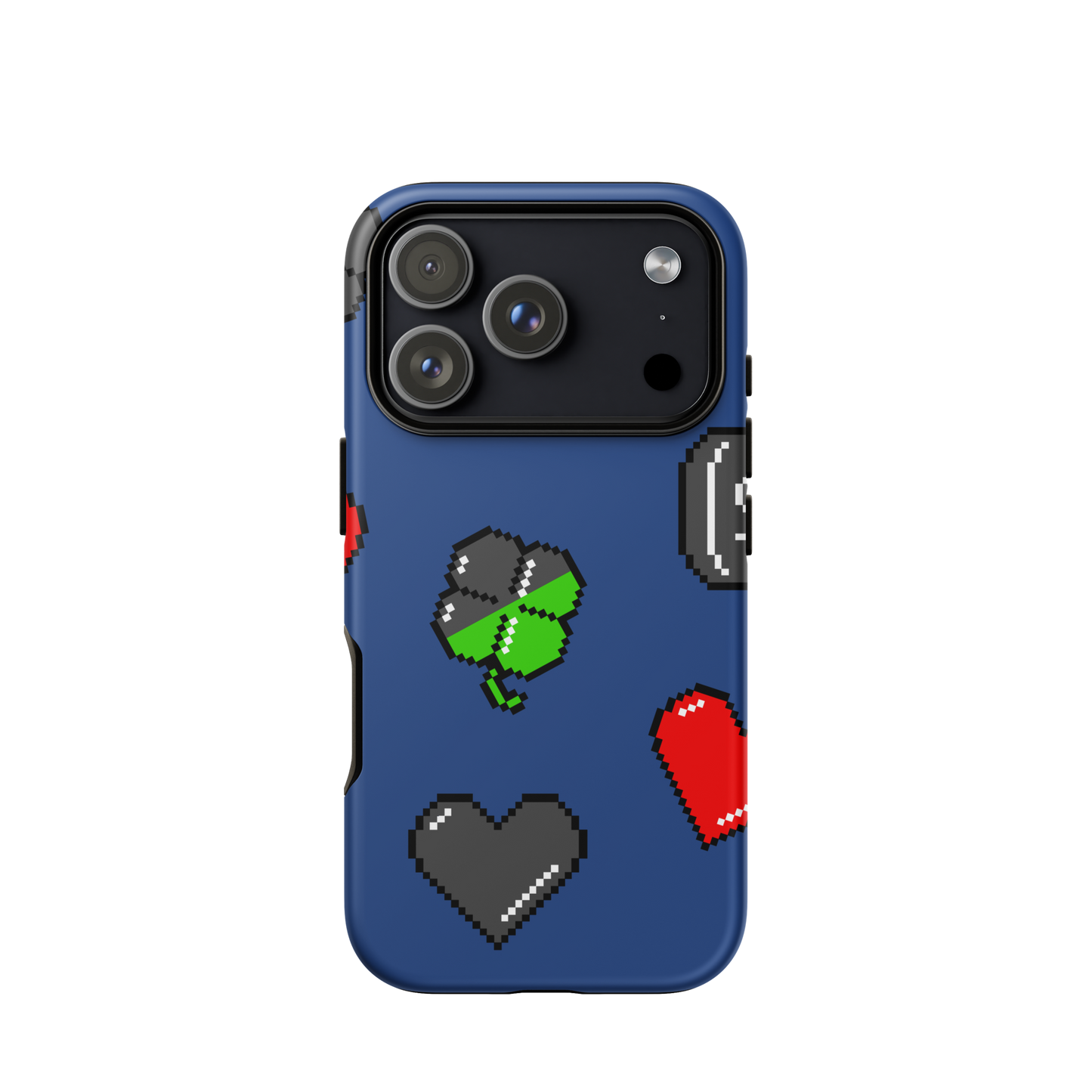 A repeating pattern made of 8-bit video game icons like hearts, four-leaf clovers, and coins. A nostalgic pixel art design inspired by classic games and retro digital culture.