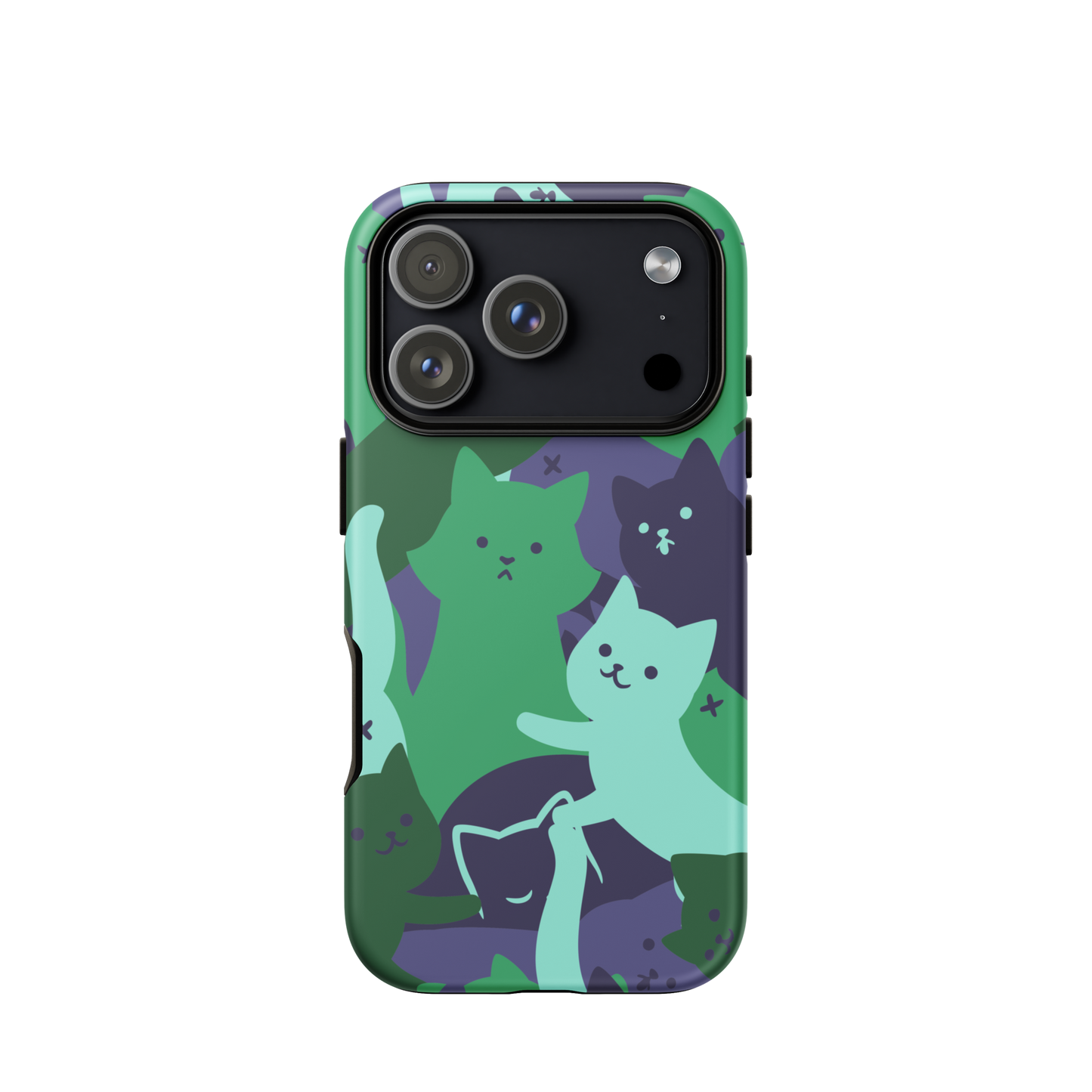 A playful pattern featuring multiple kittens in shades of green and blue, arranged to create a soft camouflage effect. This design blends cute cats with a modern pattern aesthetic, perfect for fans of fun, stylish, and whimsical art.