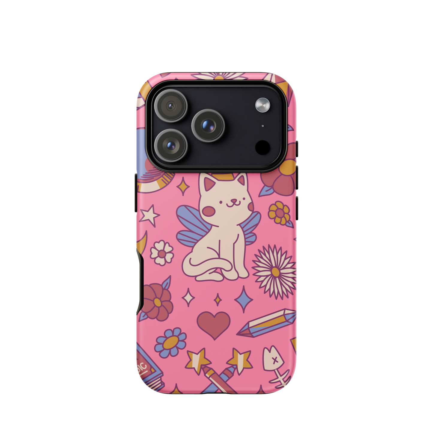 A seamless pattern featuring a magical winged kitten surrounded by crystals, flowers, tarot cards, mushrooms and other mystical elements in soft pastel tones. A playful and whimsical design with a cute, magical vibe.