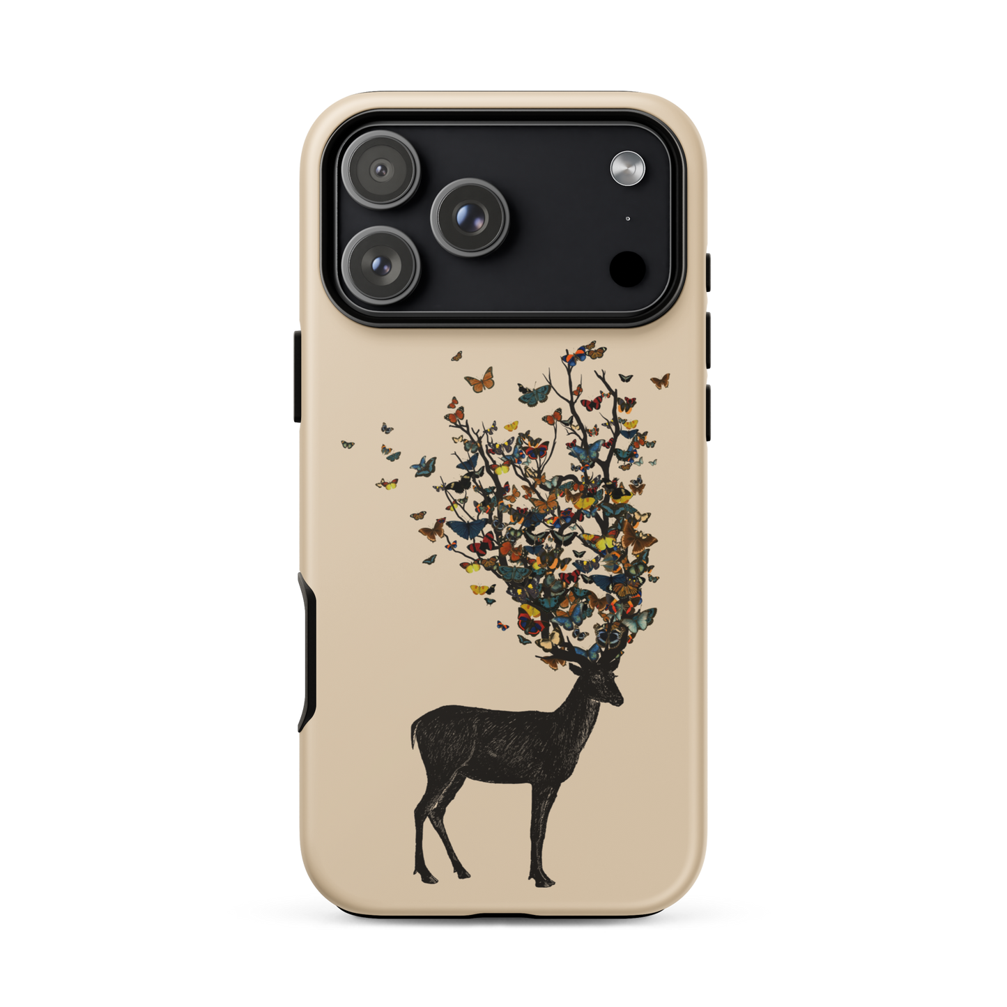 The image depicts a dark, silhouetted deer standing on a neutral background. Instead of branches, its antlers transform into a swirling cloud of vibrant, colorful butterflies that extend upwards and outward. The mix of organic and ethereal elements creates a captivating and whimsical visual contrast.