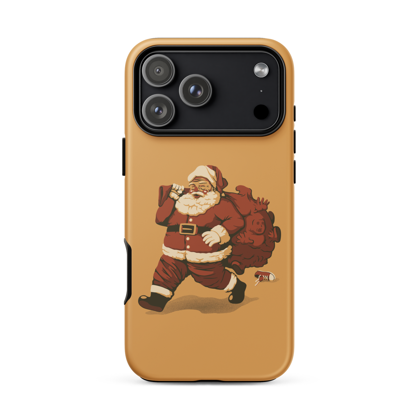 A cute Santa Claus carrying a red bag full of what appear to be gifts, but when you look closer you can see that there are several little boys. A fun art that mixes up the story that the good boys are going to get charcoal from Santa, but this time Santa is taking them.