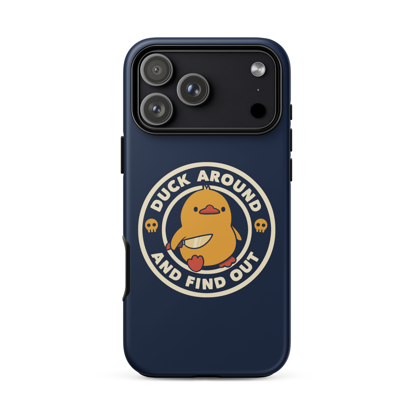 A cute yellow duck holding a small knife, around it the text "Duck Around And Find Out". An art that mixes humor with the temperament of ducks.