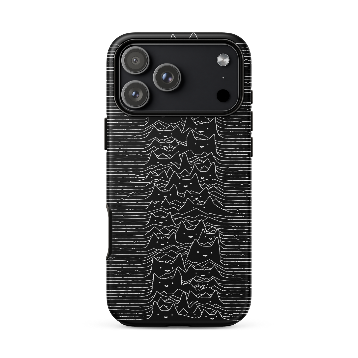 The drawing is a series of continuous wavy lines forming a pattern reminiscent of sound waves or topographic maps, but with an unexpected twist: the lines create the shapes of numerous cat faces stacked vertically. Each cat has simple, expressive features with pointed ears, adding a whimsical element to the otherwise structured pattern.