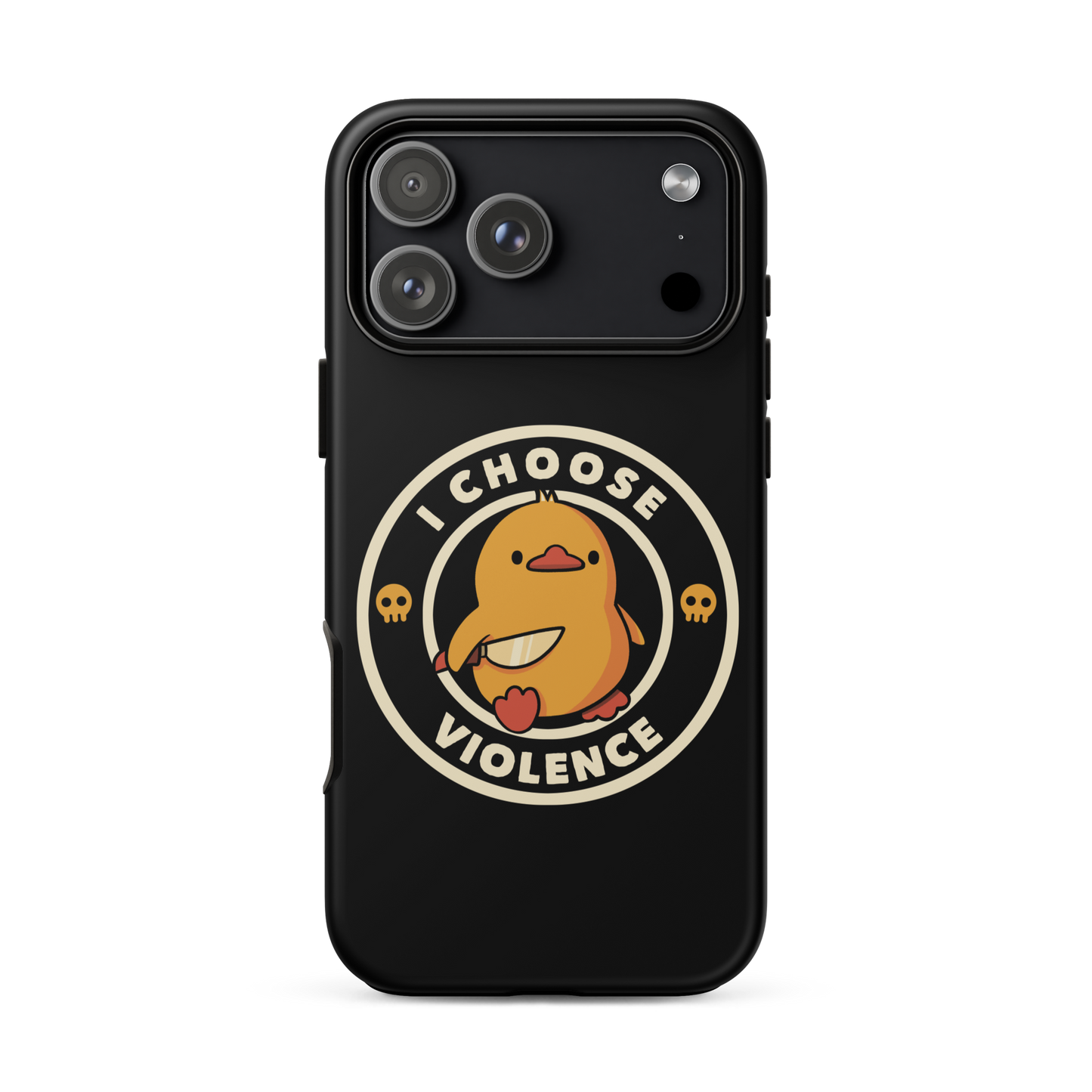 A cute, cartoon-style yellow duckling stands confidently holding a large knife in its wing. The duckling is encircled by text saying 'I CHOOSE VIOLENCE' in bold white letters. Small skull symbols flank the chick on either side, adding a touch of humor and irony to the otherwise adorable drawing.