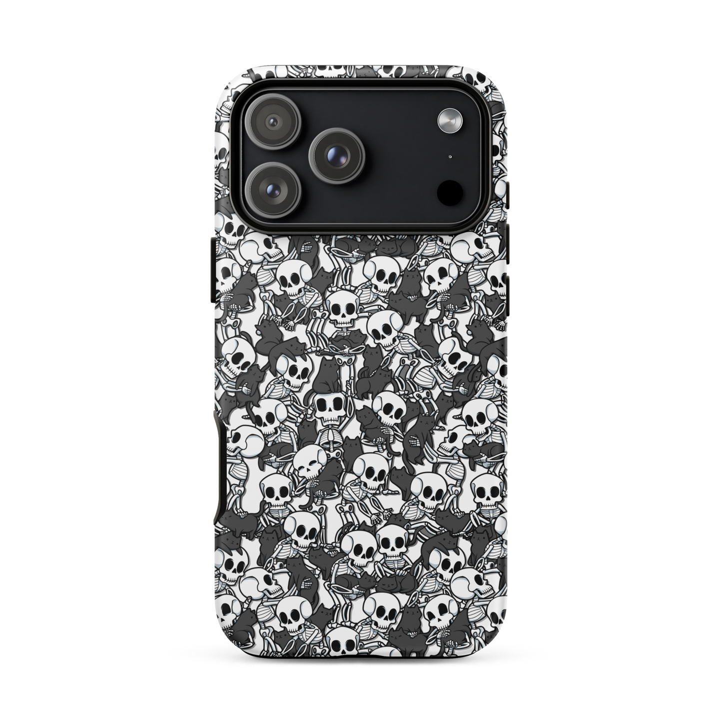 This artwork shows a playful pattern of cartoon skeletons cuddling and interacting with adorable black cats. It blends spooky charm with cozy, humorous vibes, creating a perfect aesthetic between macabre and cute. Ideal for fans of Halloween, gothic aesthetics, or anyone who loves fun prints with personality.