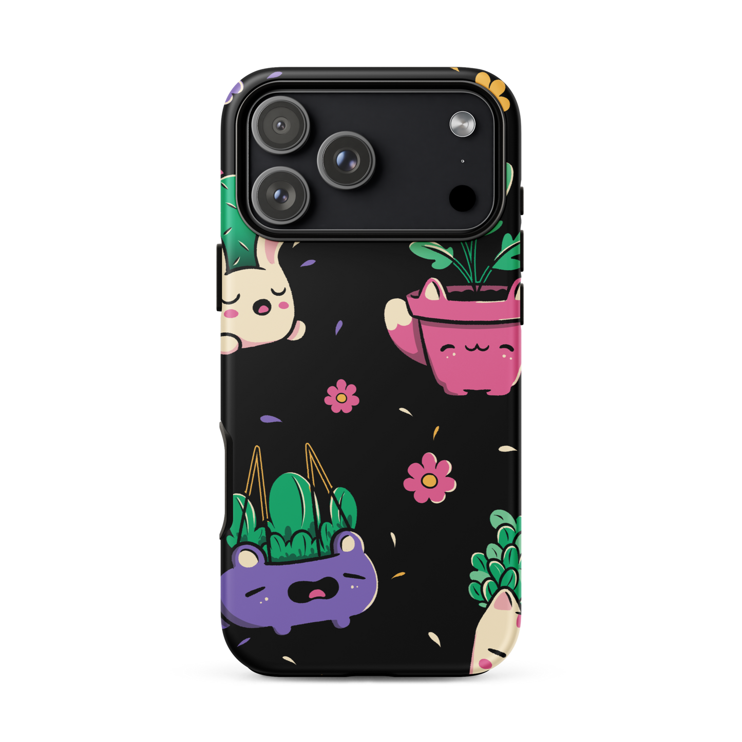 An endearing pattern featuring petite potted plants creatively shaped like adorable animals, arranged in a charming repeating composition. This enchanting design is perfect for plant enthusiasts who adore greenery and love surrounding themselves with whimsical, nature-inspired details.