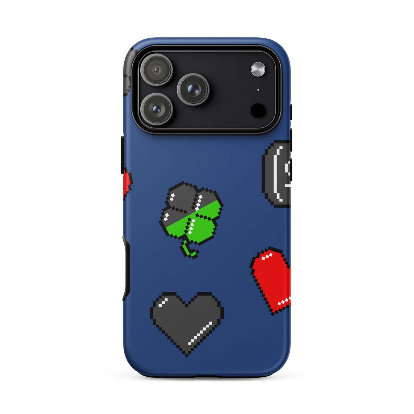A repeating pattern made of 8-bit video game icons like hearts, four-leaf clovers, and coins. A nostalgic pixel art design inspired by classic games and retro digital culture.