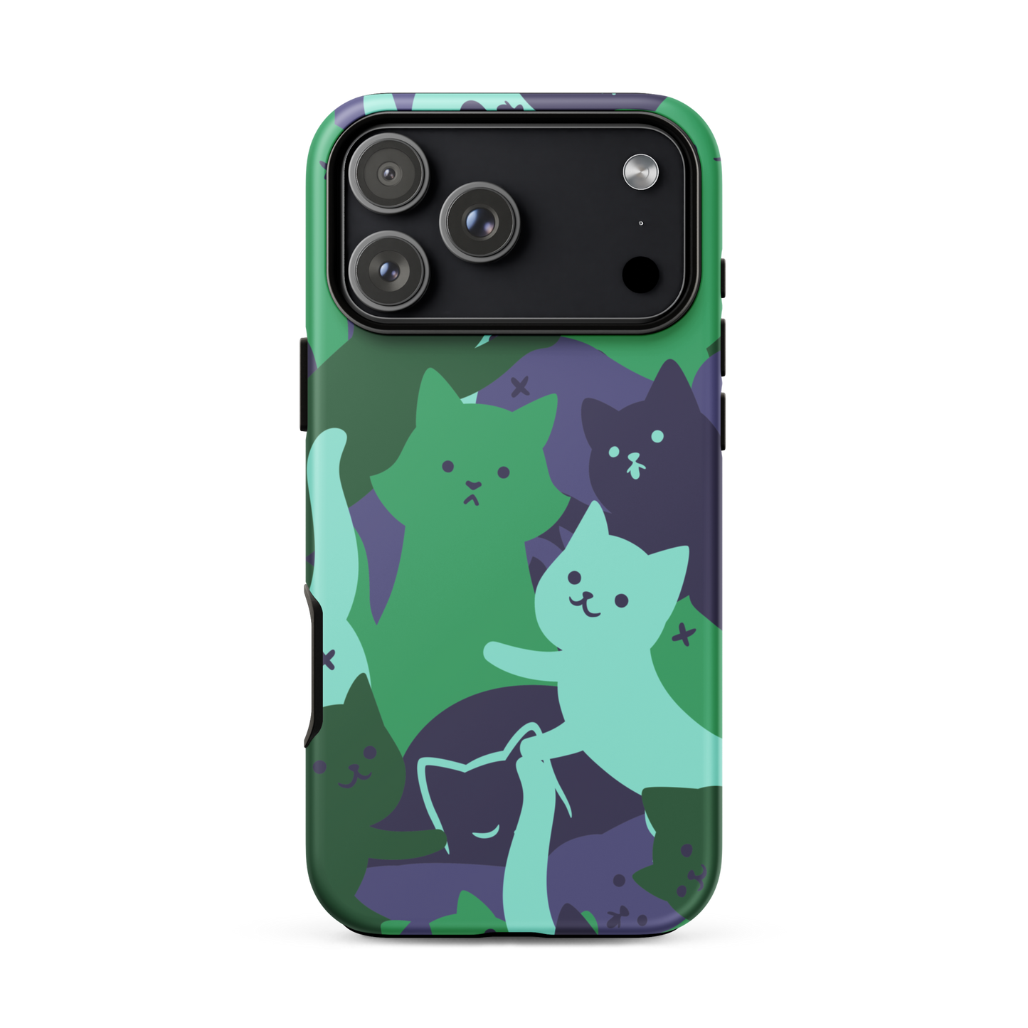 A playful pattern featuring multiple kittens in shades of green and blue, arranged to create a soft camouflage effect. This design blends cute cats with a modern pattern aesthetic, perfect for fans of fun, stylish, and whimsical art.