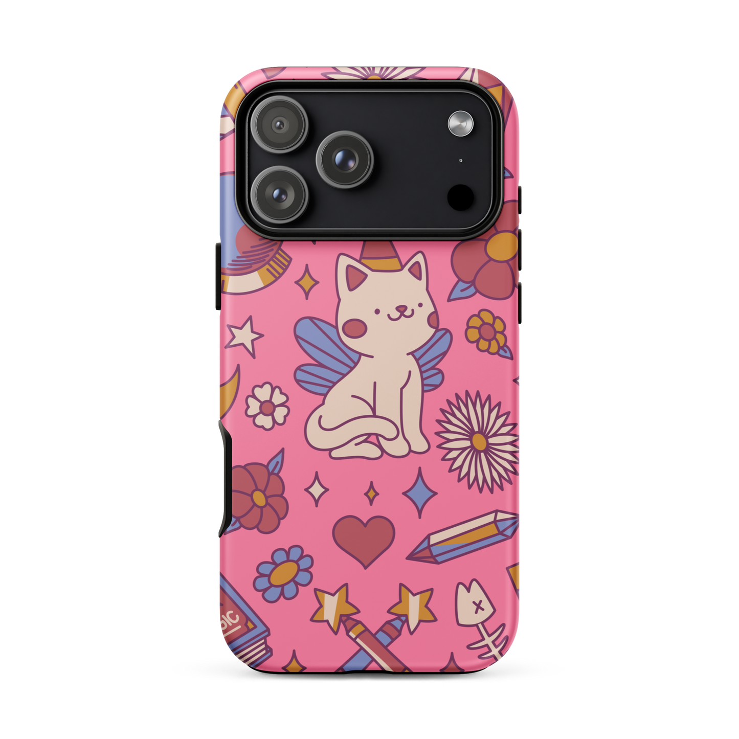 A seamless pattern featuring a magical winged kitten surrounded by crystals, flowers, tarot cards, mushrooms and other mystical elements in soft pastel tones. A playful and whimsical design with a cute, magical vibe.