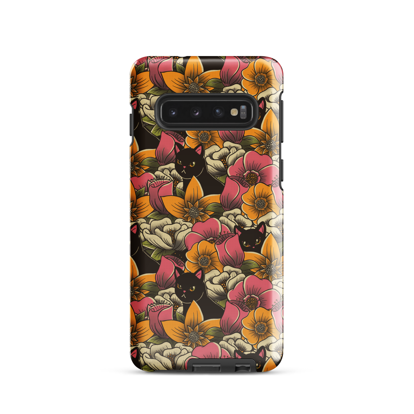 The image features a repeating pattern of colorful flowers in pink, yellow, and cream hues with lush green foliage. Interspersed among the flowers are playful black cats with bright eyes. The design has a whimsical and vibrant feel, ideal for various products like t-shirts, stickers, coffee cups, and skateboards. The style is reminiscent of traditional floral art blended with playful elements of animal decor.