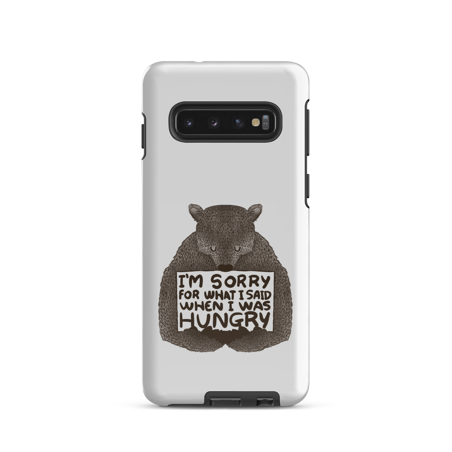 The image shows a humorous, detailed illustration of a bear, drawn in a hand-drawn style, holding a sign that reads 'I'm sorry for what I said when I was hungry.' The bear appears to be apologizing in a comical, endearing manner, making it a relatable and light-hearted design.