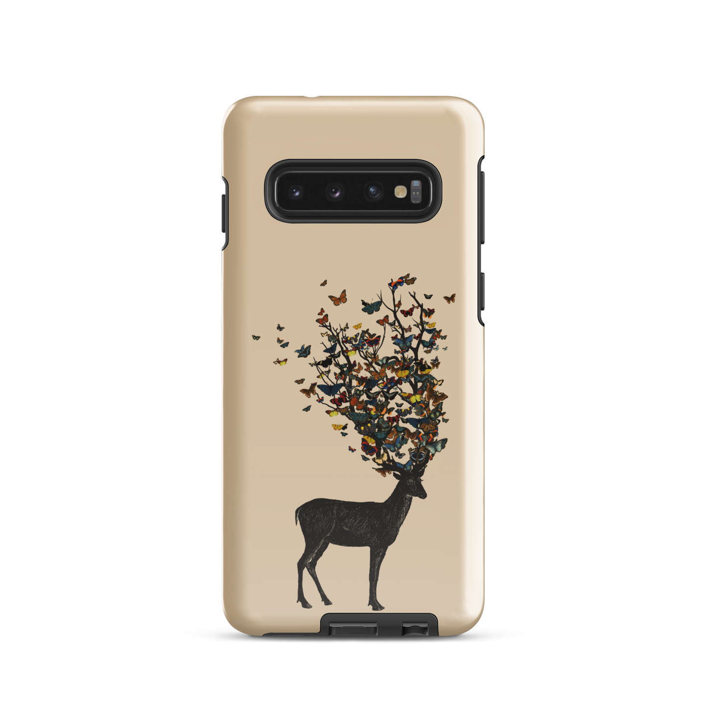 The image depicts a dark, silhouetted deer standing on a neutral background. Instead of branches, its antlers transform into a swirling cloud of vibrant, colorful butterflies that extend upwards and outward. The mix of organic and ethereal elements creates a captivating and whimsical visual contrast.