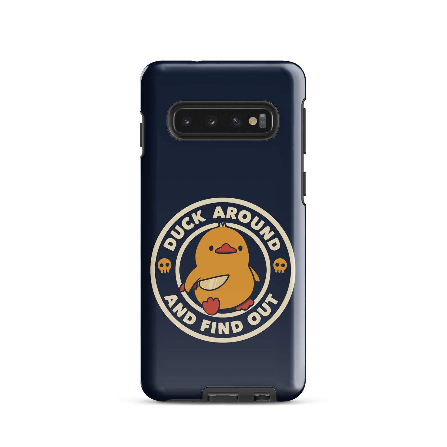 A cute yellow duck holding a small knife, around it the text "Duck Around And Find Out". An art that mixes humor with the temperament of ducks.