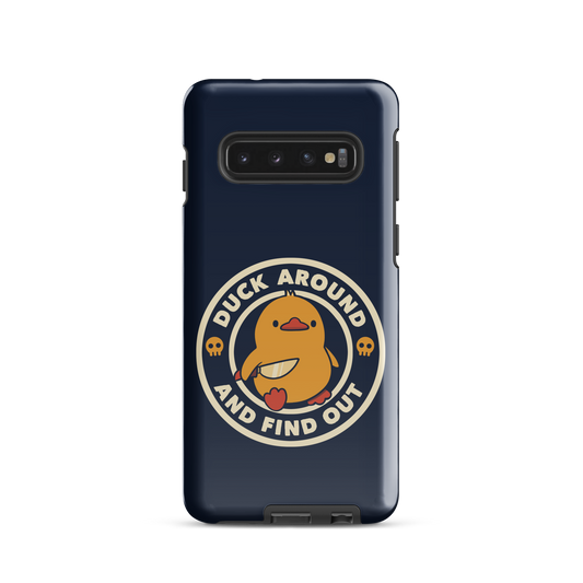 A cute yellow duck holding a small knife, around it the text "Duck Around And Find Out". An art that mixes humor with the temperament of ducks.