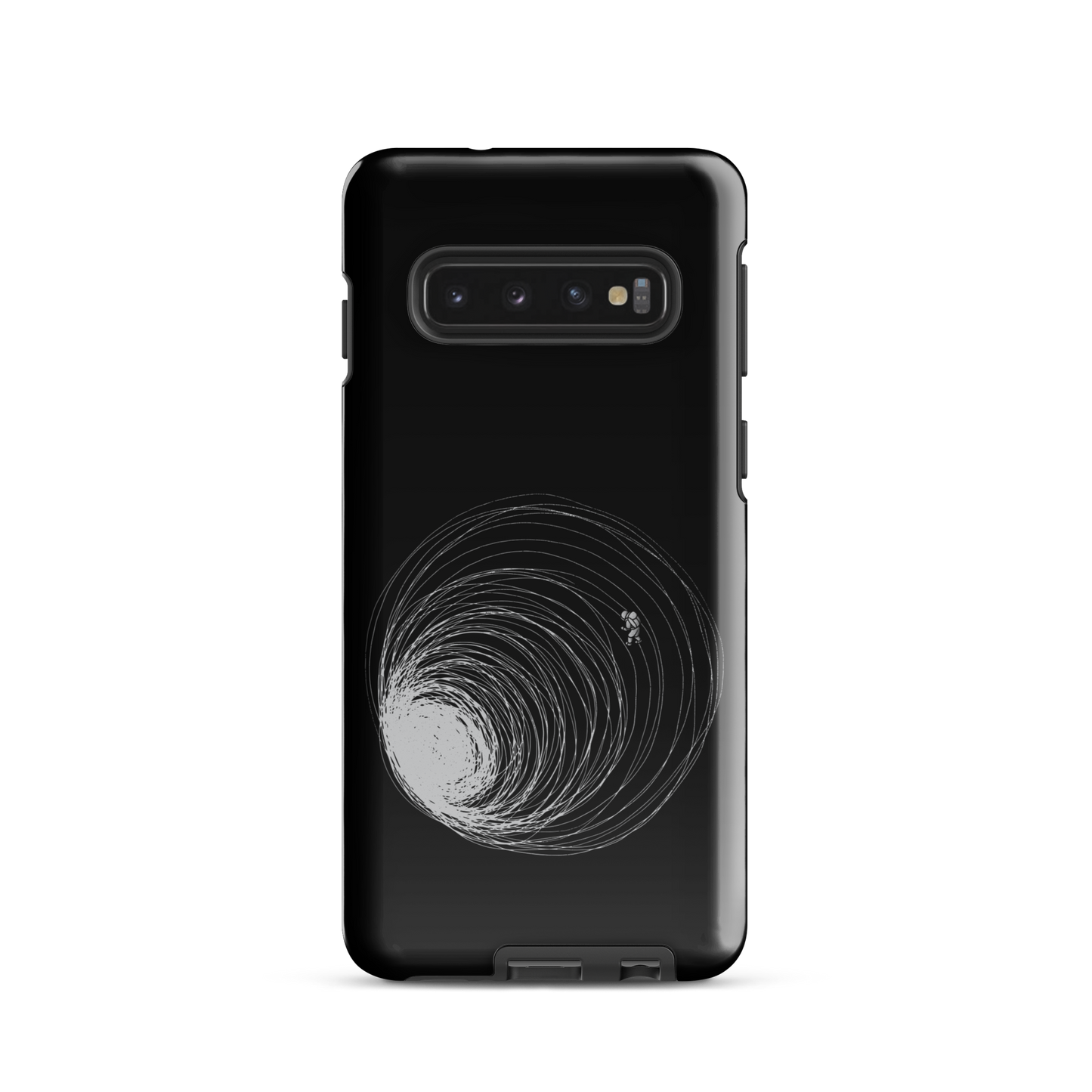 A big black hole with an astronaut floating around as if being sucked into it. A minimalist art perfect for those who love space.