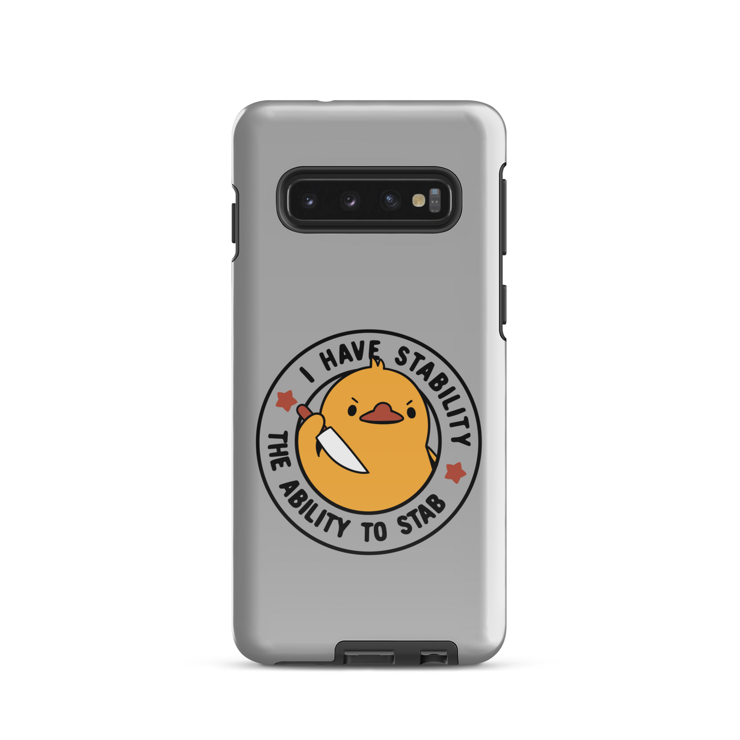A cute duckling holding a knife with an angry face. Wrapped with a funny phrase that says "I Have Stability The Ability To Stab". This is an art that combines a famous internet meme about duck temperament with a clever pun. The perfect gift for people who like smart humor.