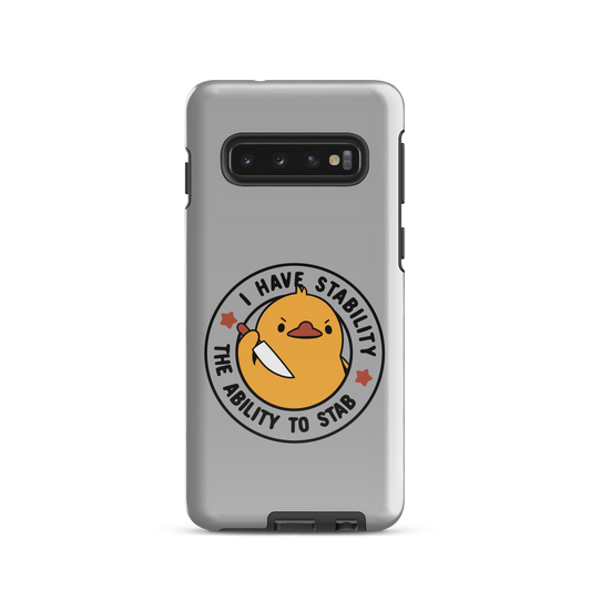 A cute duckling holding a knife with an angry face. Wrapped with a funny phrase that says "I Have Stability The Ability To Stab". This is an art that combines a famous internet meme about duck temperament with a clever pun. The perfect gift for people who like smart humor.