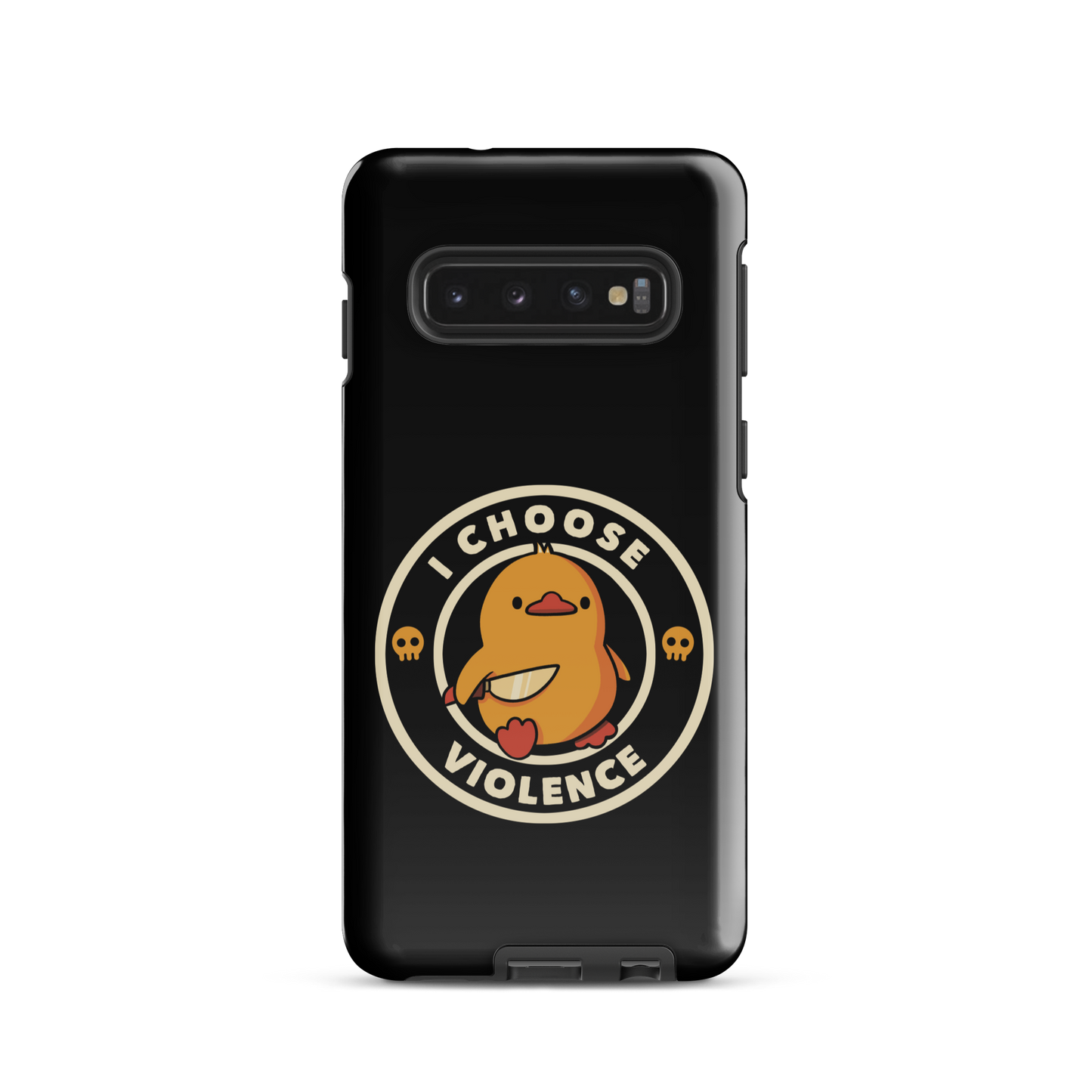 A cute, cartoon-style yellow duckling stands confidently holding a large knife in its wing. The duckling is encircled by text saying 'I CHOOSE VIOLENCE' in bold white letters. Small skull symbols flank the chick on either side, adding a touch of humor and irony to the otherwise adorable drawing.