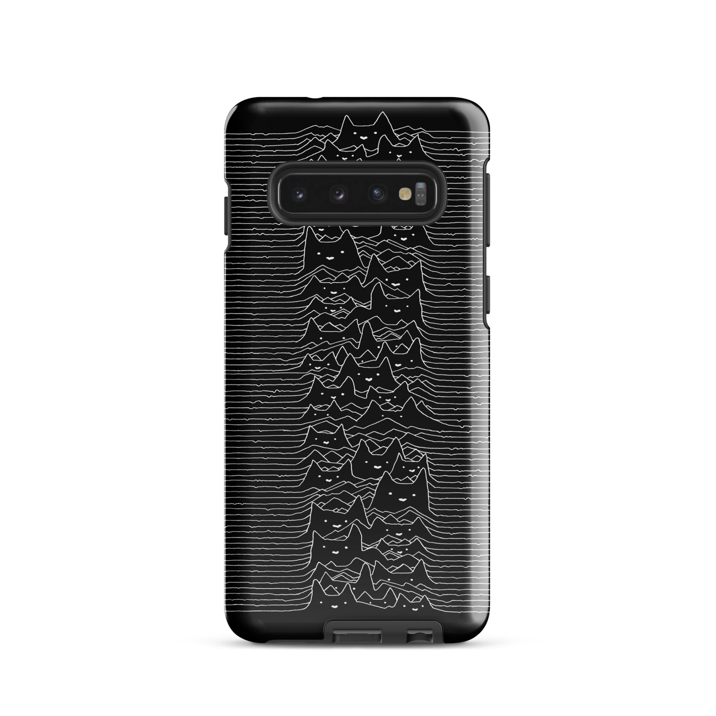 The drawing is a series of continuous wavy lines forming a pattern reminiscent of sound waves or topographic maps, but with an unexpected twist: the lines create the shapes of numerous cat faces stacked vertically. Each cat has simple, expressive features with pointed ears, adding a whimsical element to the otherwise structured pattern.