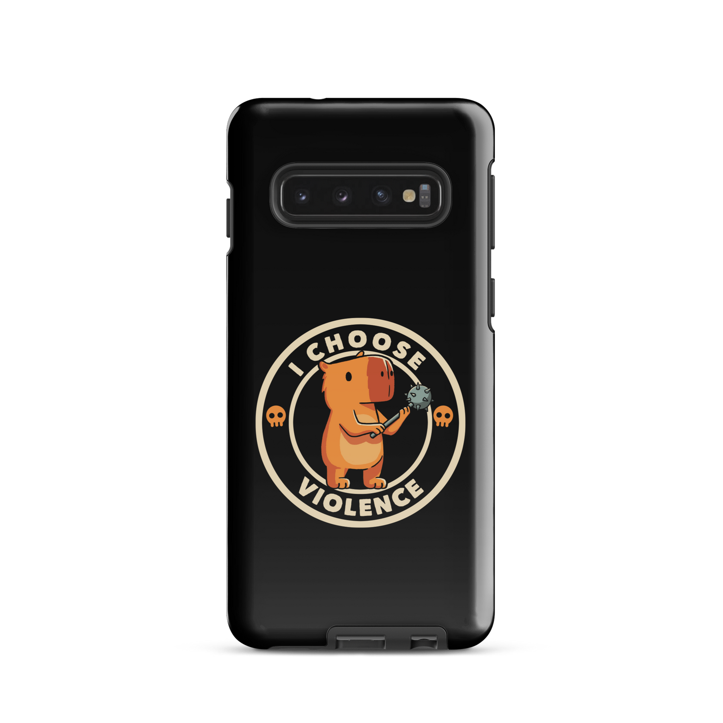 A cute, cartoonish burnt yellow capybara stands holding a spiked mace with a determined expression. Surrounding it is a circular design with the text 'I CHOOSE VIOLENCE' and two small skulls on either side, giving it a humorous yet ironic tone.