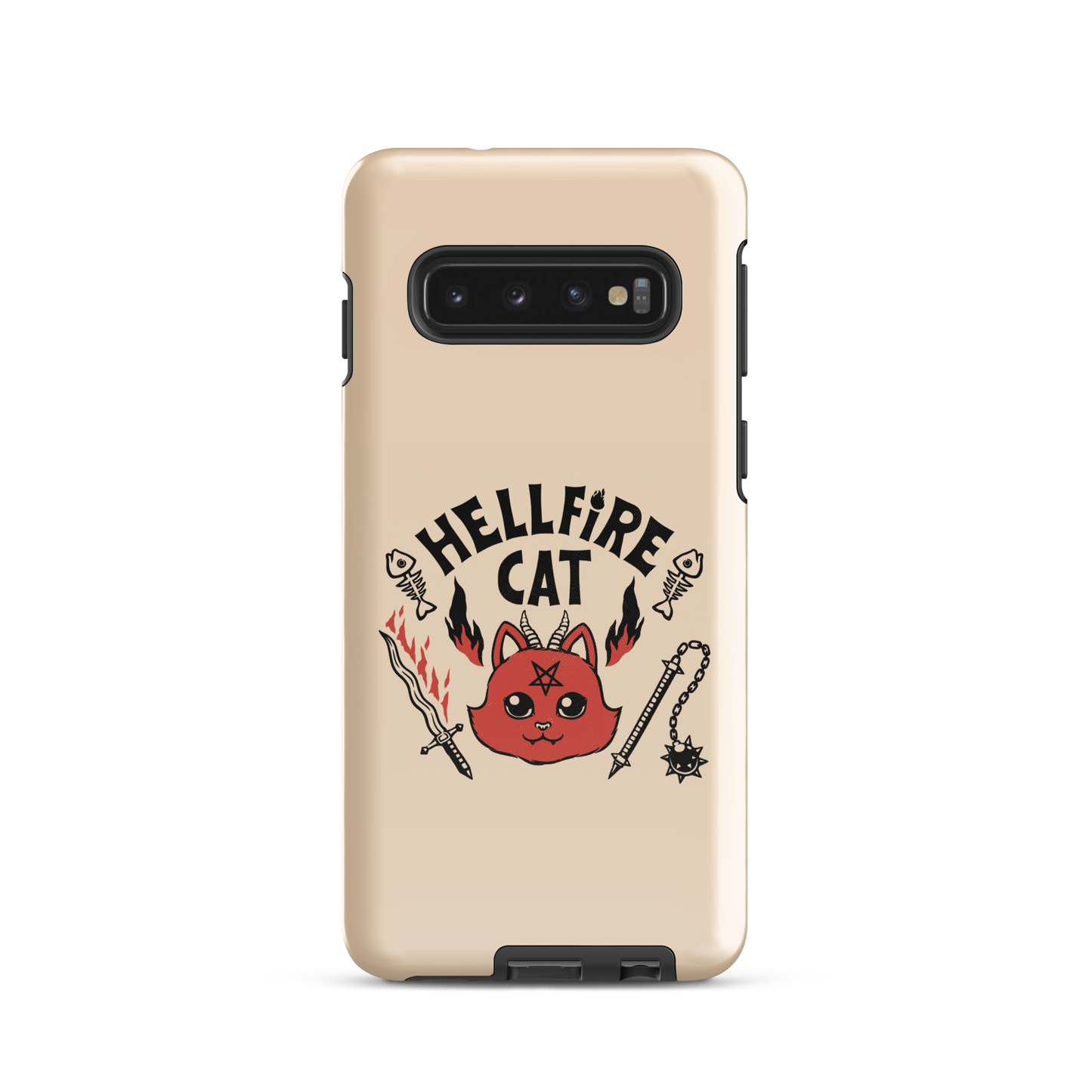 Vintage-style illustration of a cute red devil cat with small horns and a pentagram on its forehead, surrounded by flames, weapons, fish skeletons, and the bold phrase “Hellfire Cat” in a playful gothic design.