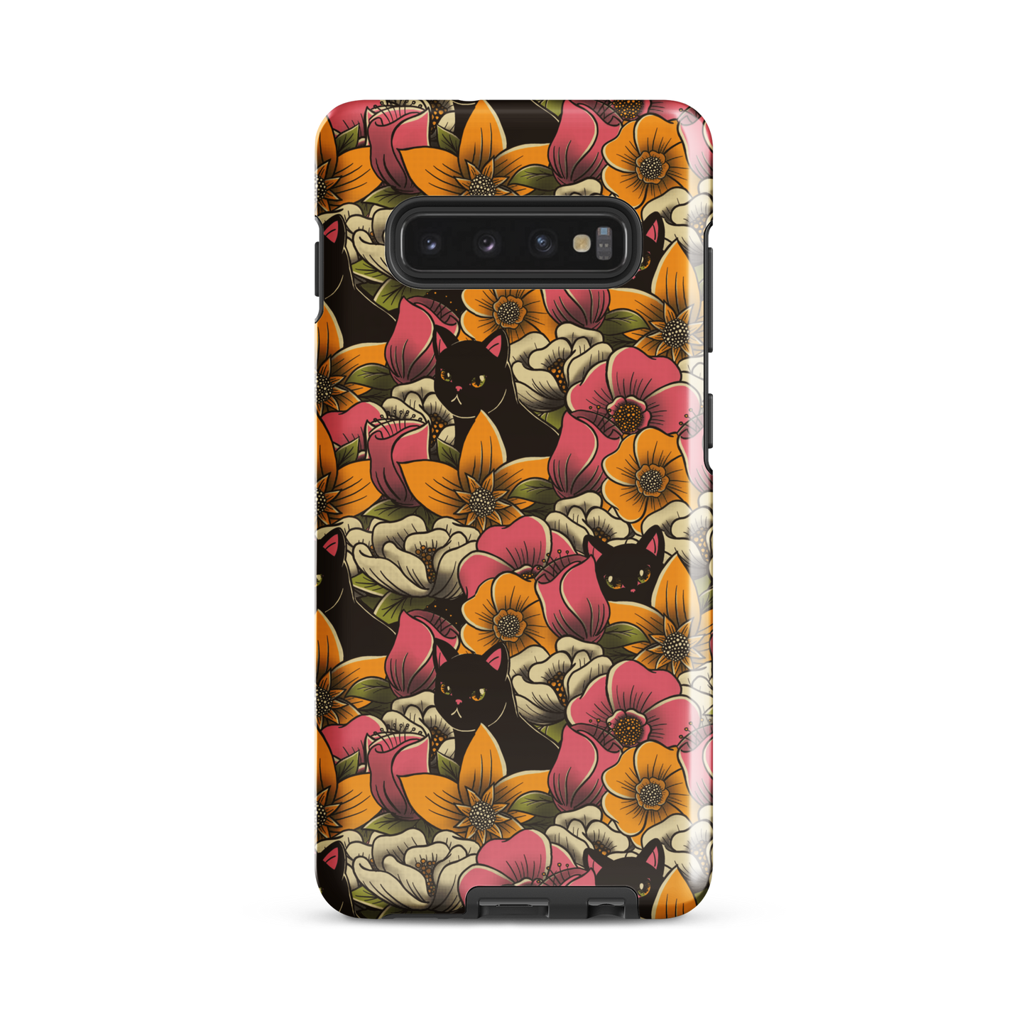 The image features a repeating pattern of colorful flowers in pink, yellow, and cream hues with lush green foliage. Interspersed among the flowers are playful black cats with bright eyes. The design has a whimsical and vibrant feel, ideal for various products like t-shirts, stickers, coffee cups, and skateboards. The style is reminiscent of traditional floral art blended with playful elements of animal decor.
