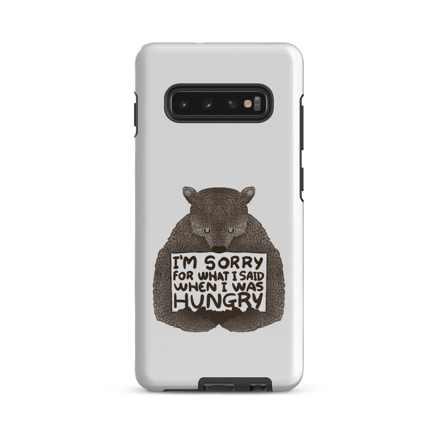 The image shows a humorous, detailed illustration of a bear, drawn in a hand-drawn style, holding a sign that reads 'I'm sorry for what I said when I was hungry.' The bear appears to be apologizing in a comical, endearing manner, making it a relatable and light-hearted design.