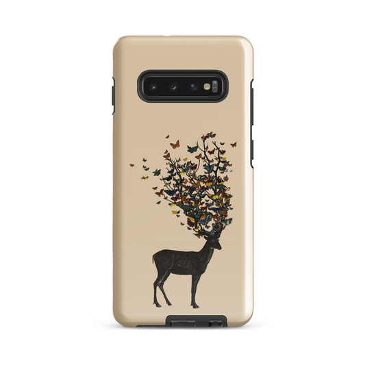 The image depicts a dark, silhouetted deer standing on a neutral background. Instead of branches, its antlers transform into a swirling cloud of vibrant, colorful butterflies that extend upwards and outward. The mix of organic and ethereal elements creates a captivating and whimsical visual contrast.