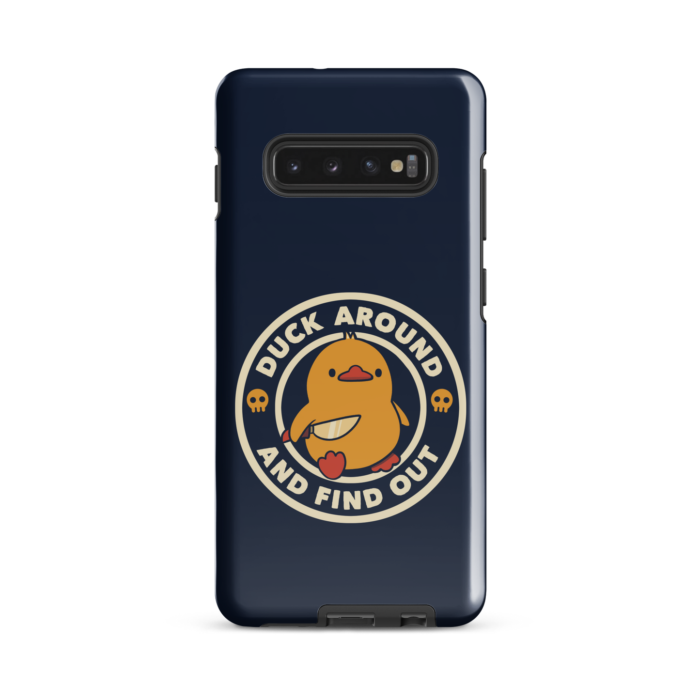 A cute yellow duck holding a small knife, around it the text "Duck Around And Find Out". An art that mixes humor with the temperament of ducks.