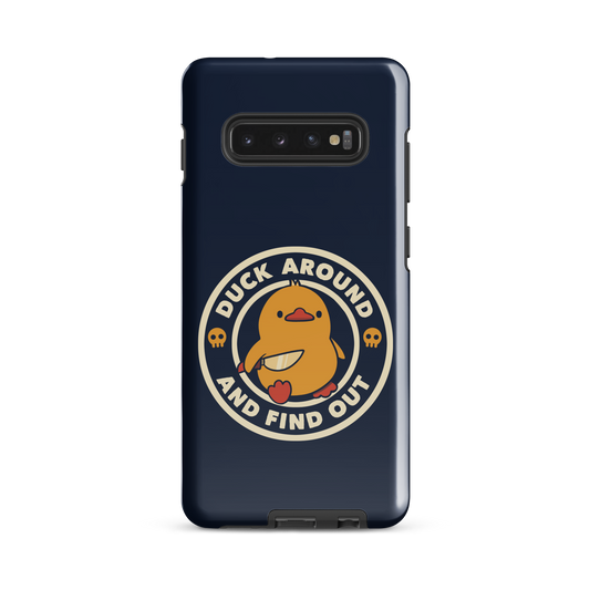 A cute yellow duck holding a small knife, around it the text "Duck Around And Find Out". An art that mixes humor with the temperament of ducks.