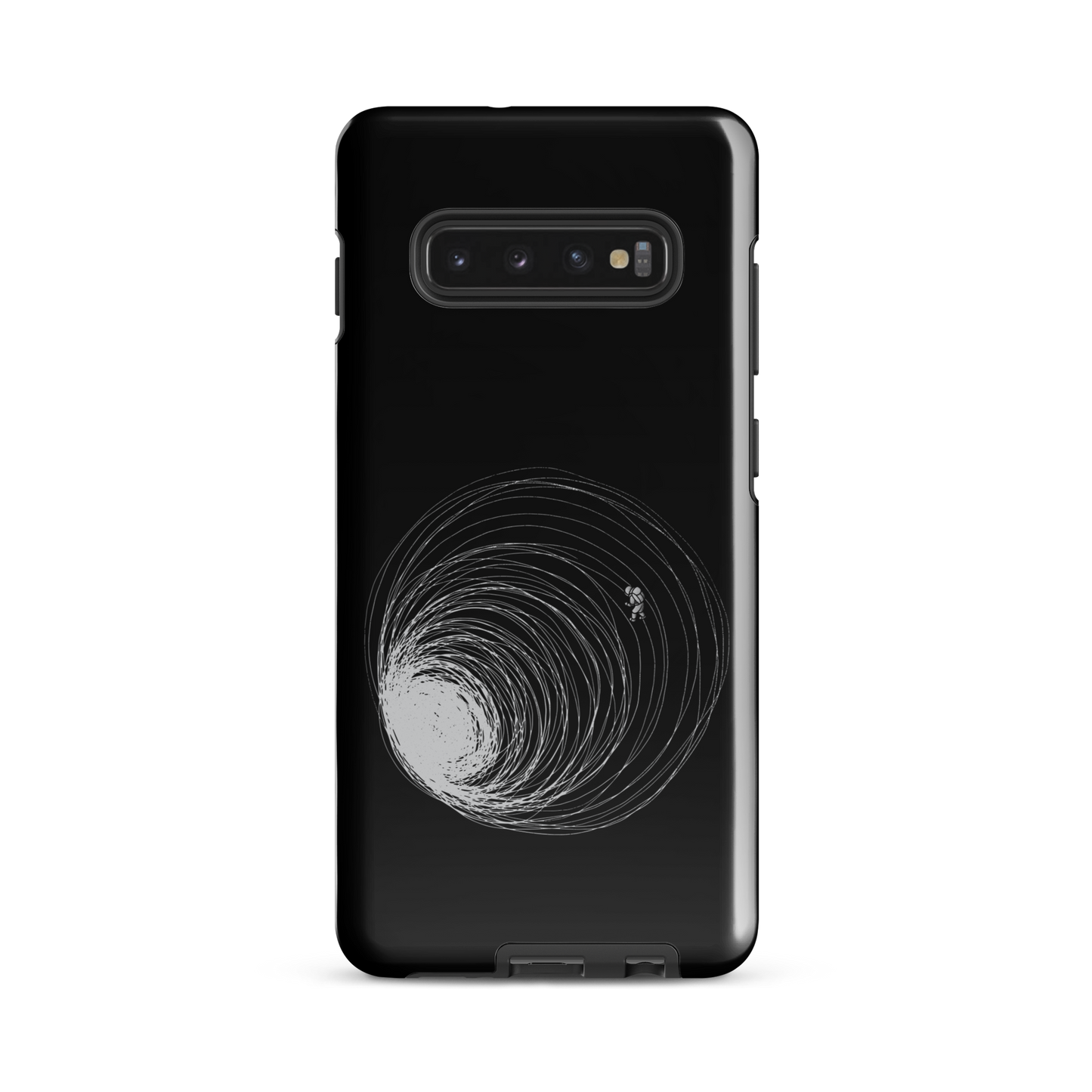 A big black hole with an astronaut floating around as if being sucked into it. A minimalist art perfect for those who love space.