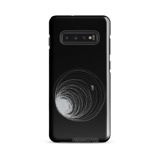 A big black hole with an astronaut floating around as if being sucked into it. A minimalist art perfect for those who love space.