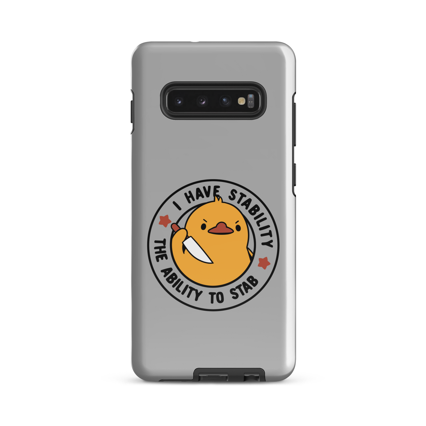 A cute duckling holding a knife with an angry face. Wrapped with a funny phrase that says "I Have Stability The Ability To Stab". This is an art that combines a famous internet meme about duck temperament with a clever pun. The perfect gift for people who like smart humor.