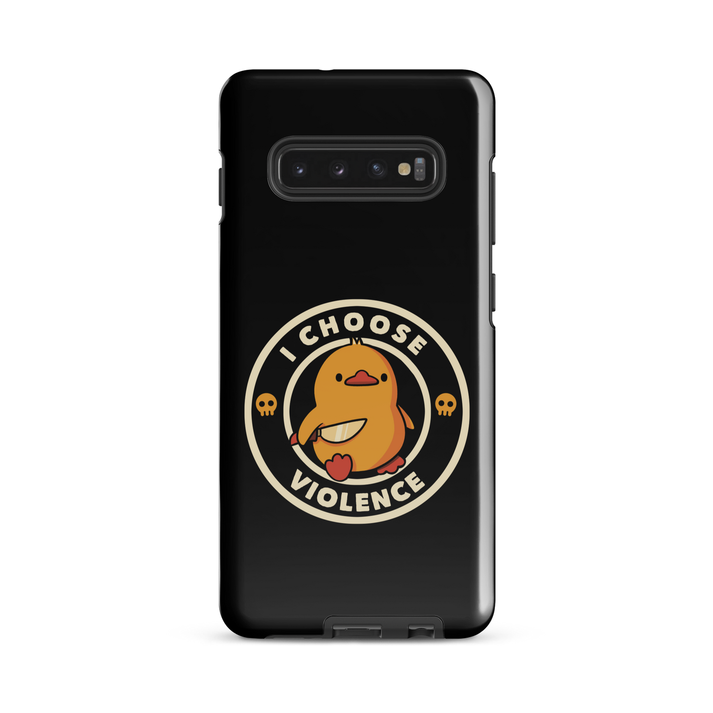 A cute, cartoon-style yellow duckling stands confidently holding a large knife in its wing. The duckling is encircled by text saying 'I CHOOSE VIOLENCE' in bold white letters. Small skull symbols flank the chick on either side, adding a touch of humor and irony to the otherwise adorable drawing.