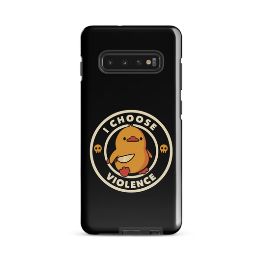 A cute, cartoon-style yellow duckling stands confidently holding a large knife in its wing. The duckling is encircled by text saying 'I CHOOSE VIOLENCE' in bold white letters. Small skull symbols flank the chick on either side, adding a touch of humor and irony to the otherwise adorable drawing.