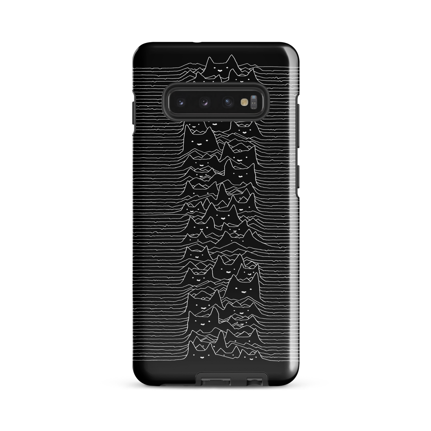 The drawing is a series of continuous wavy lines forming a pattern reminiscent of sound waves or topographic maps, but with an unexpected twist: the lines create the shapes of numerous cat faces stacked vertically. Each cat has simple, expressive features with pointed ears, adding a whimsical element to the otherwise structured pattern.