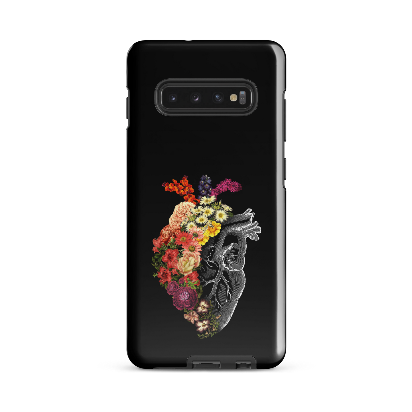 The design is an intricate and anatomical drawing of a human heart on a black background. The left side of the heart morphs into a vibrant assortment of colorful flowers, including roses, daisies, and other blooming blossoms, creating a striking contrast between the realistic and the surreal, symbolizing the harmony between nature and humanity.